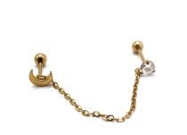 PVD Gold Steel Special Tragus sztanga z motywem księżyca i strassem z łańcuszkiem | Itc
