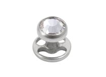 Tytanowy odkręcany implant skórny 1,2x 3 mm z białym dyskiem z kryształu górskiego.